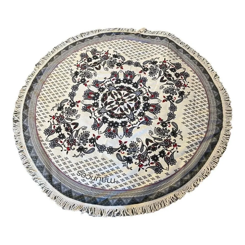 Maurice’s Round Floral Paisley beach Towel Large Fringe edge Black White 58” NEW